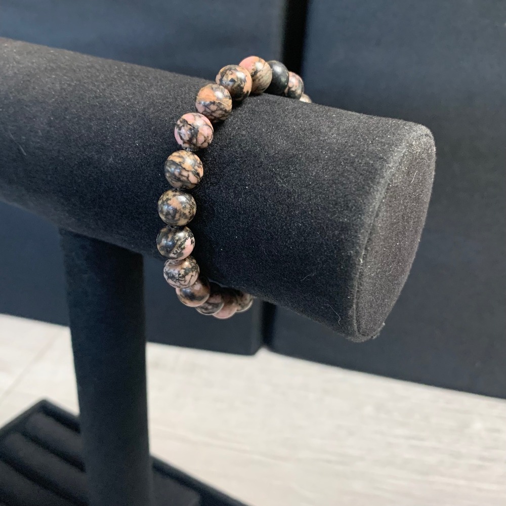 Natural Rhodonite Stone Bead Stretch Bracelet Pink Black Marbled 8mm 6 Inch